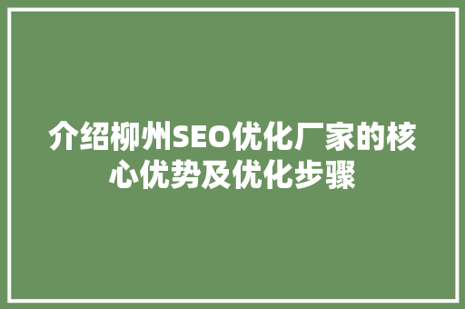介绍柳州SEO优化厂家的核心优势及优化步骤