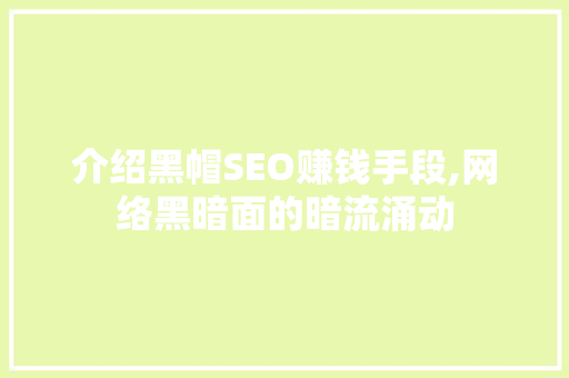 介绍黑帽SEO赚钱手段,网络黑暗面的暗流涌动