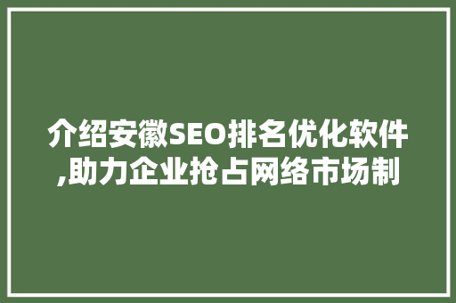 介绍安徽SEO排名优化软件,助力企业抢占网络市场制高点