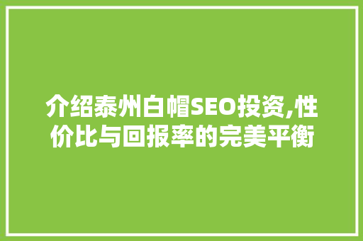 介绍泰州白帽SEO投资,性价比与回报率的完美平衡