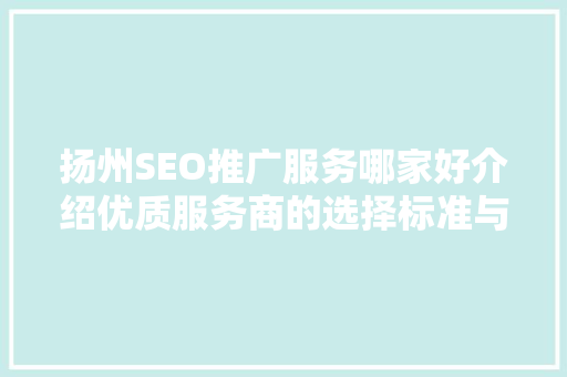 扬州SEO推广服务哪家好介绍优质服务商的选择标准与成功例子