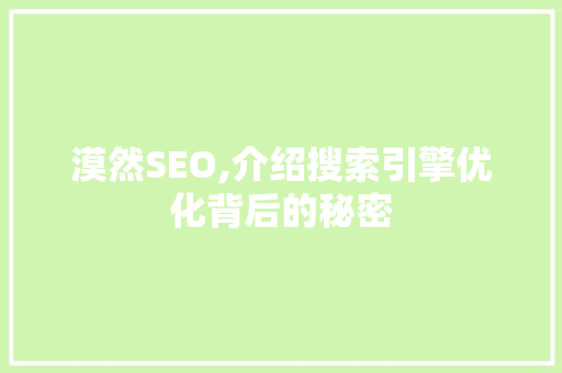 漠然SEO,介绍搜索引擎优化背后的秘密
