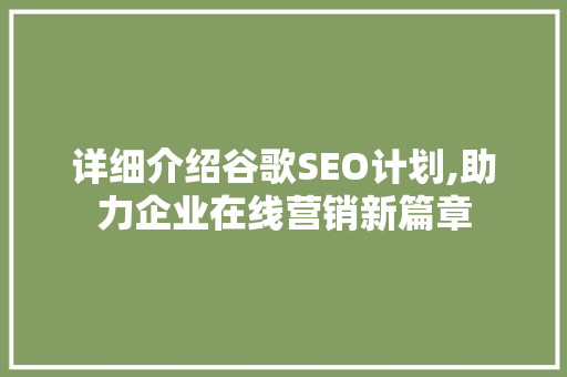 详细介绍谷歌SEO计划,助力企业在线营销新篇章