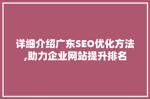 详细介绍广东SEO优化方法,助力企业网站提升排名