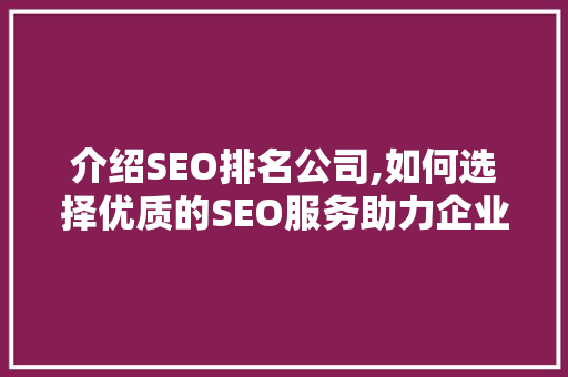 介绍SEO排名公司,如何选择优质的SEO服务助力企业腾飞