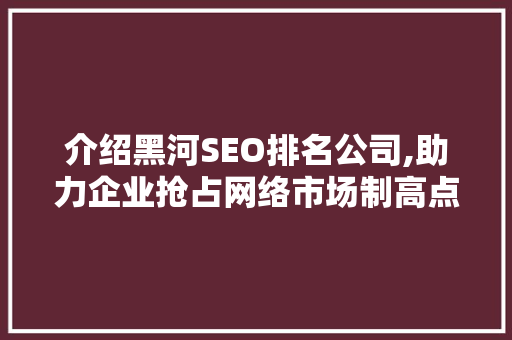 介绍黑河SEO排名公司,助力企业抢占网络市场制高点