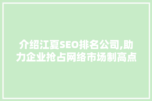 介绍江夏SEO排名公司,助力企业抢占网络市场制高点