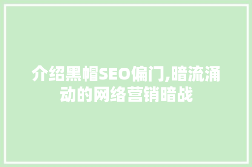 介绍黑帽SEO偏门,暗流涌动的网络营销暗战