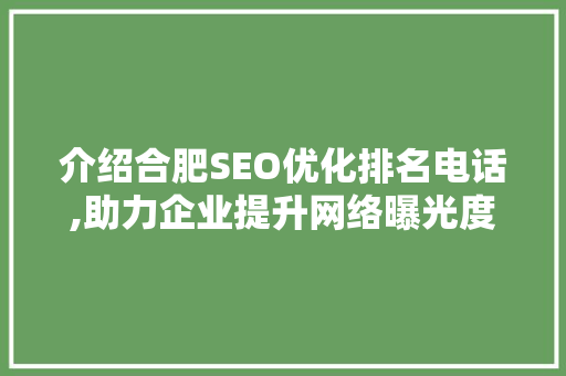 介绍合肥SEO优化排名电话,助力企业提升网络曝光度与竞争力