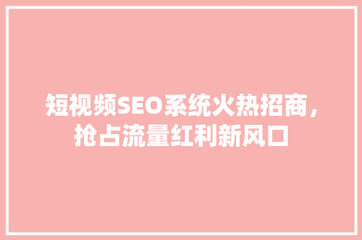 短视频SEO系统火热招商，抢占流量红利新风口