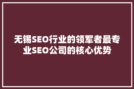 无锡SEO行业的领军者最专业SEO公司的核心优势
