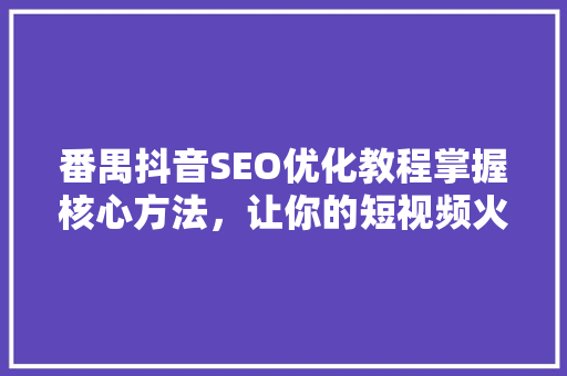 番禺抖音SEO优化教程掌握核心方法，让你的短视频火遍全网