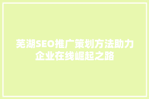 芜湖SEO推广策划方法助力企业在线崛起之路