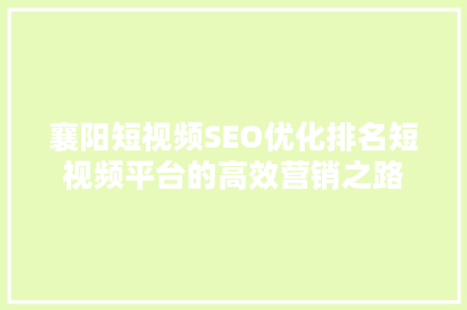 襄阳短视频SEO优化排名短视频平台的高效营销之路