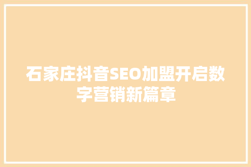 石家庄抖音SEO加盟开启数字营销新篇章