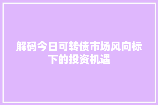 解码今日可转债市场风向标下的投资机遇