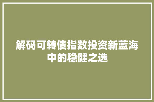 解码可转债指数投资新蓝海中的稳健之选